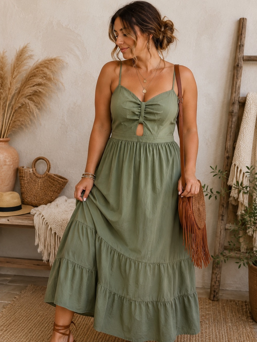 Green Bow Front Keyhole Maxi Dress Cottagecore Prairie Romantic XL
